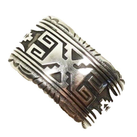 THOMAS SINGER NAVAJO Sterling Silver Rug Pattern Wide Cuff Bracelet 65gr - Picture 2 of 10